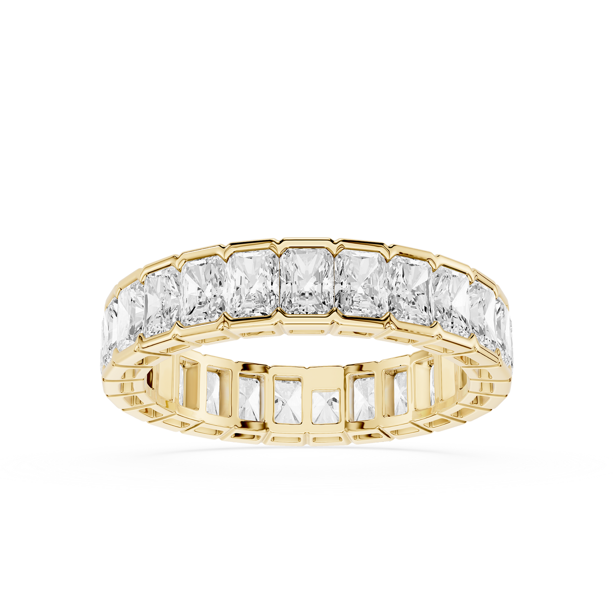 Radiant cut lab grown diamond full eternity band in yellow gold with shared prong setting, wedding band for women and anniversary gifts