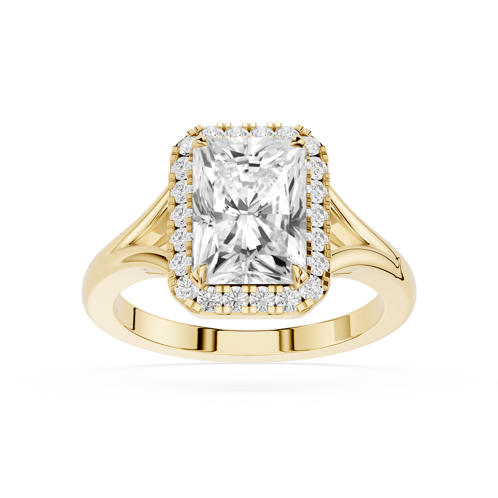 Gold ring with a large diamond and smaller diamonds around on a white background