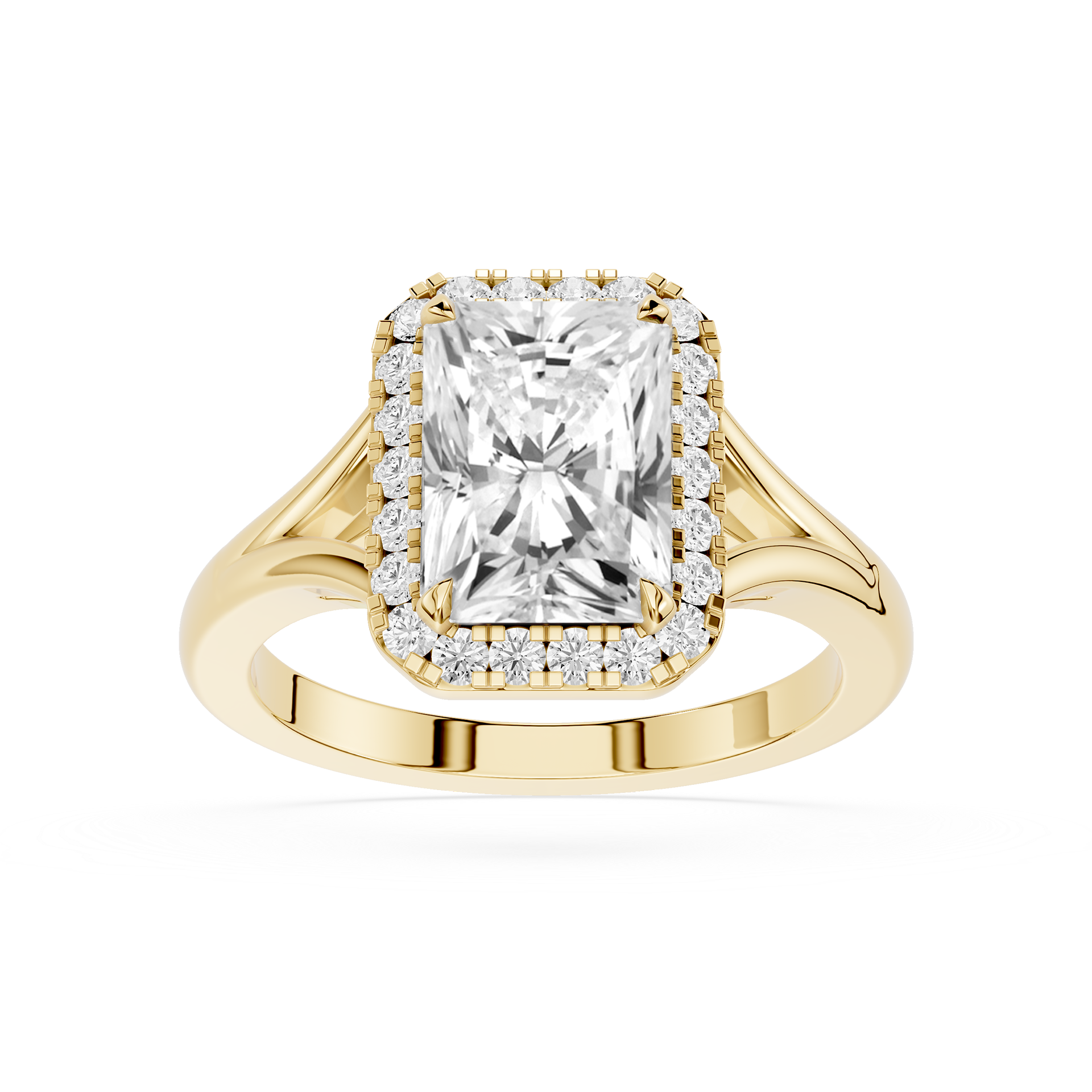 Gold ring with a large diamond and smaller diamonds around on a white background