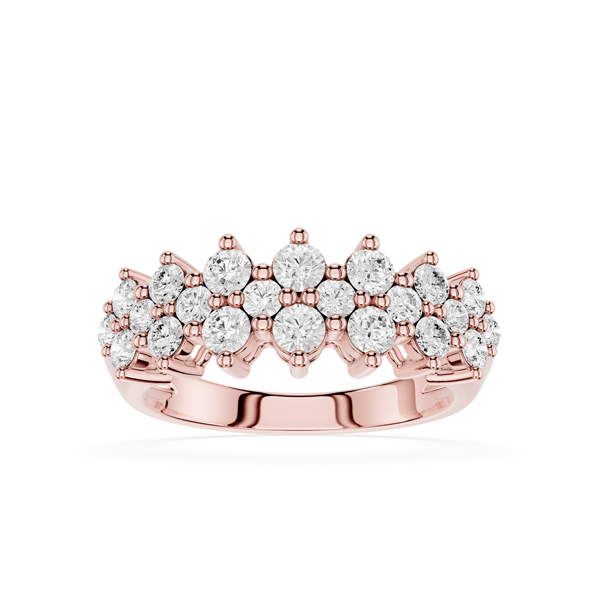 Front view of a rose gold round cut lab grown diamond cluster wedding band featuring multiple round brilliant diamonds arranged in a crown-inspired openwork design.