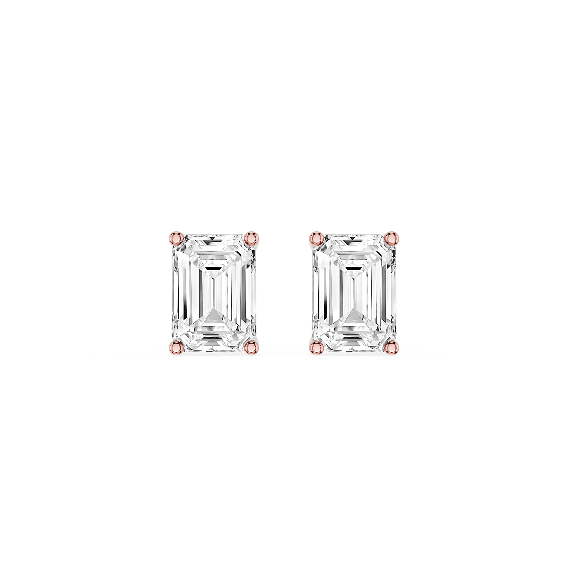 Pair of emerald-cut diamond stud earrings with rose gold prongs on a white background