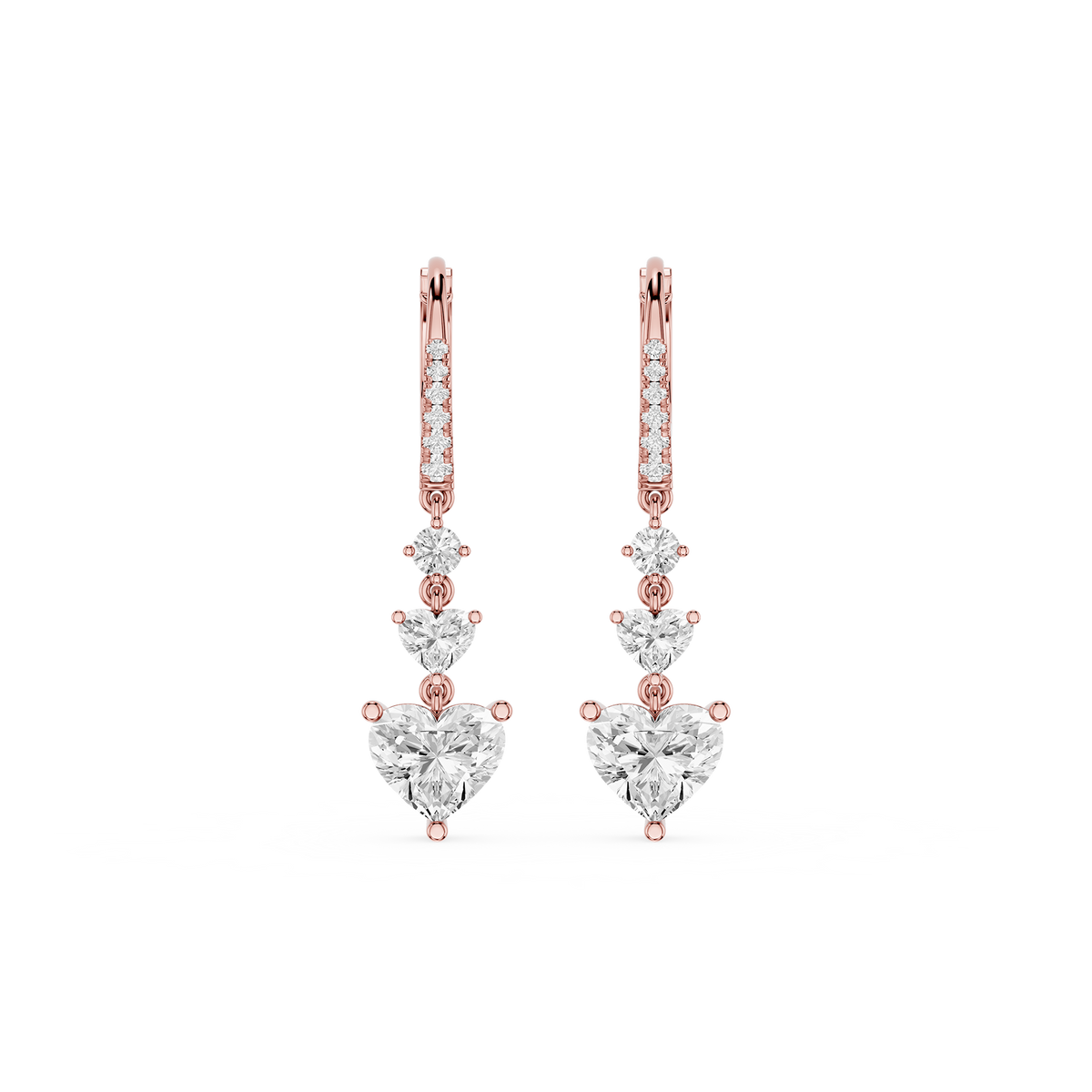 Rose gold and diamond earrings on a white background