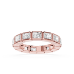 A rose gold eternity ring featuring a row of rectangular baguette-cut clear gemstones in a polished setting, shown on a clean white background.