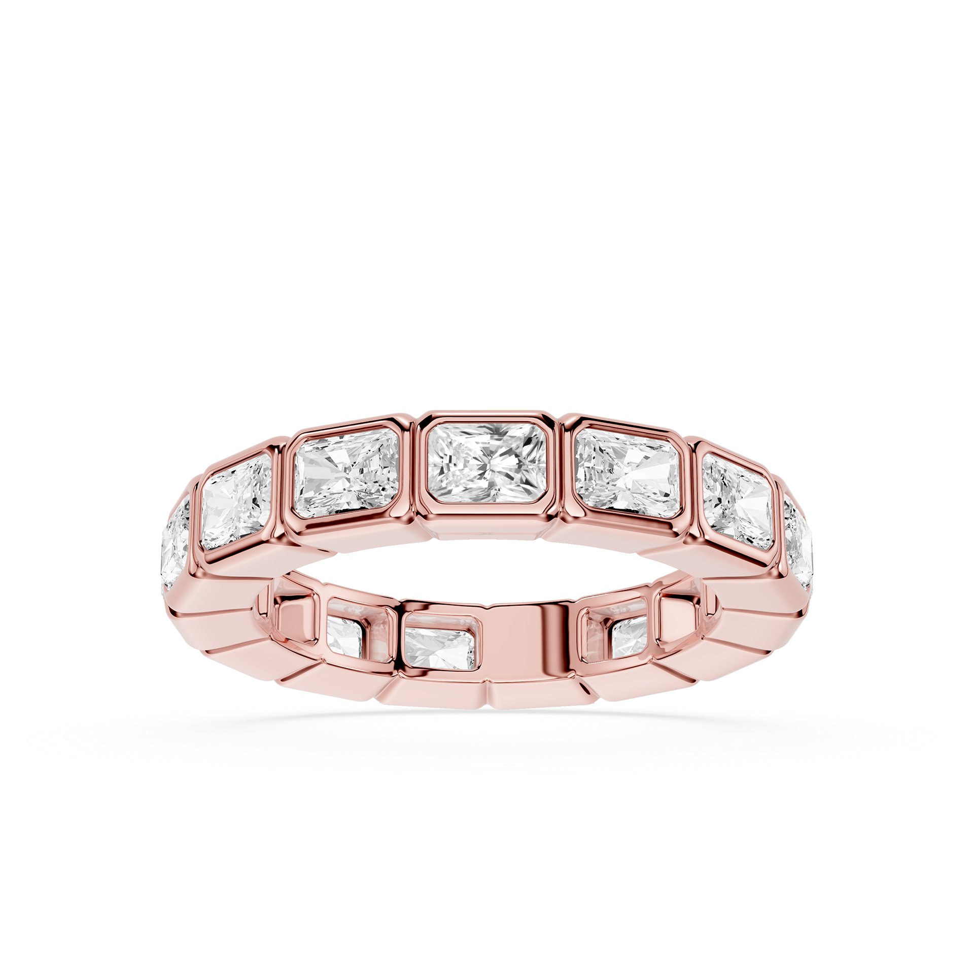 A rose gold eternity ring featuring a row of rectangular baguette-cut clear gemstones in a polished setting, shown on a clean white background.