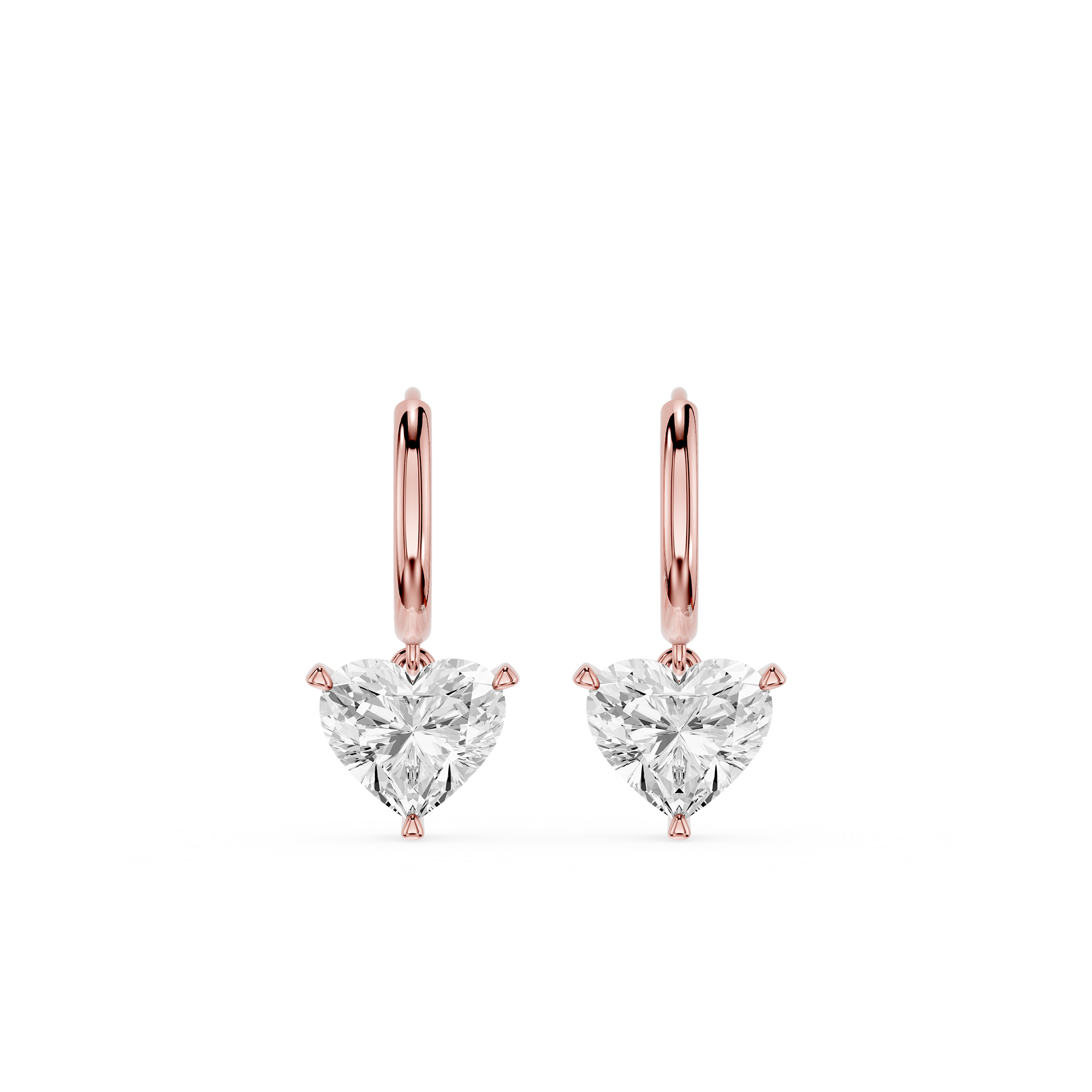 Rose gold heart-shaped diamond earrings on a white background