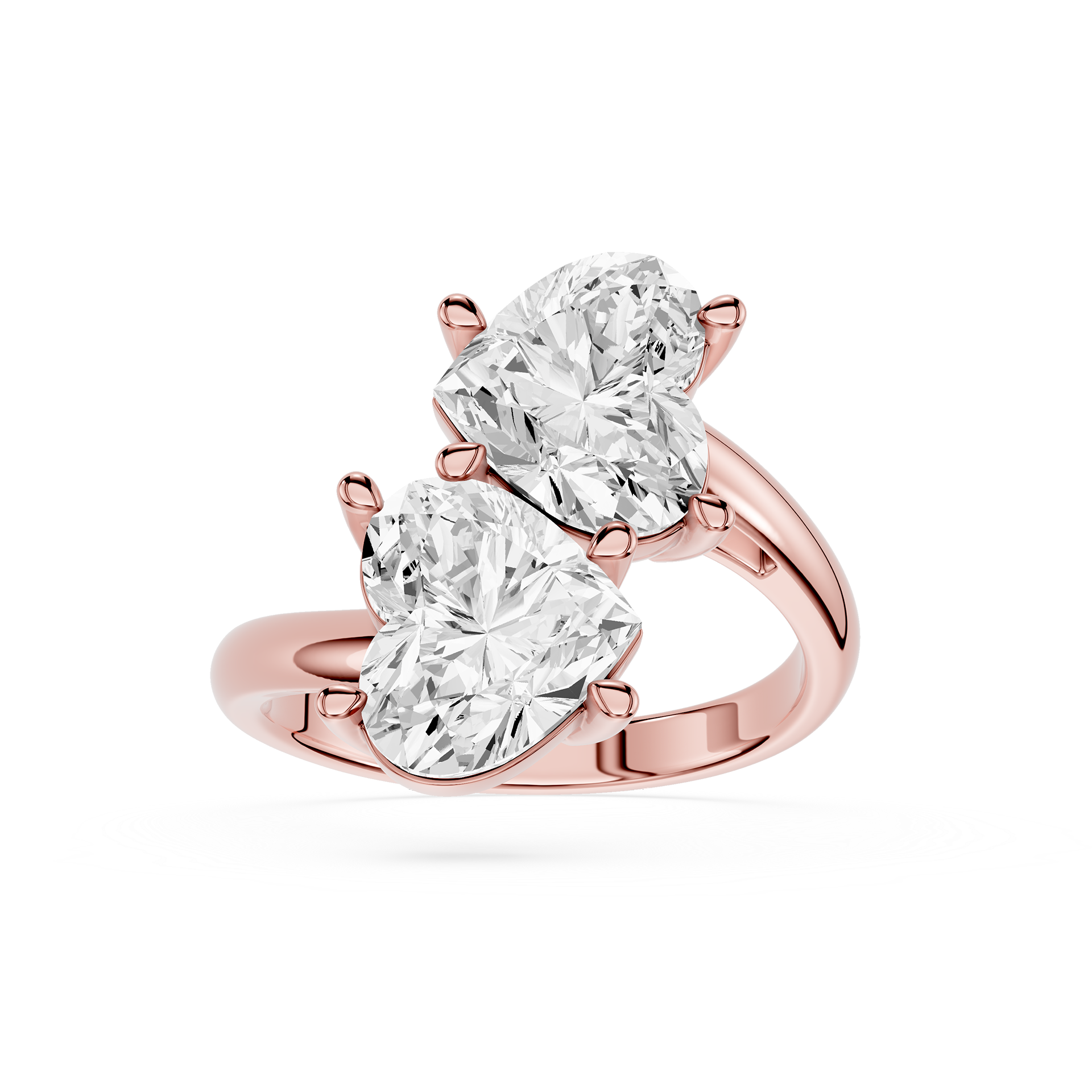 A rose gold ring featuring two large pear-cut clear gemstones in a split-prong setting, shown on a clean white background.