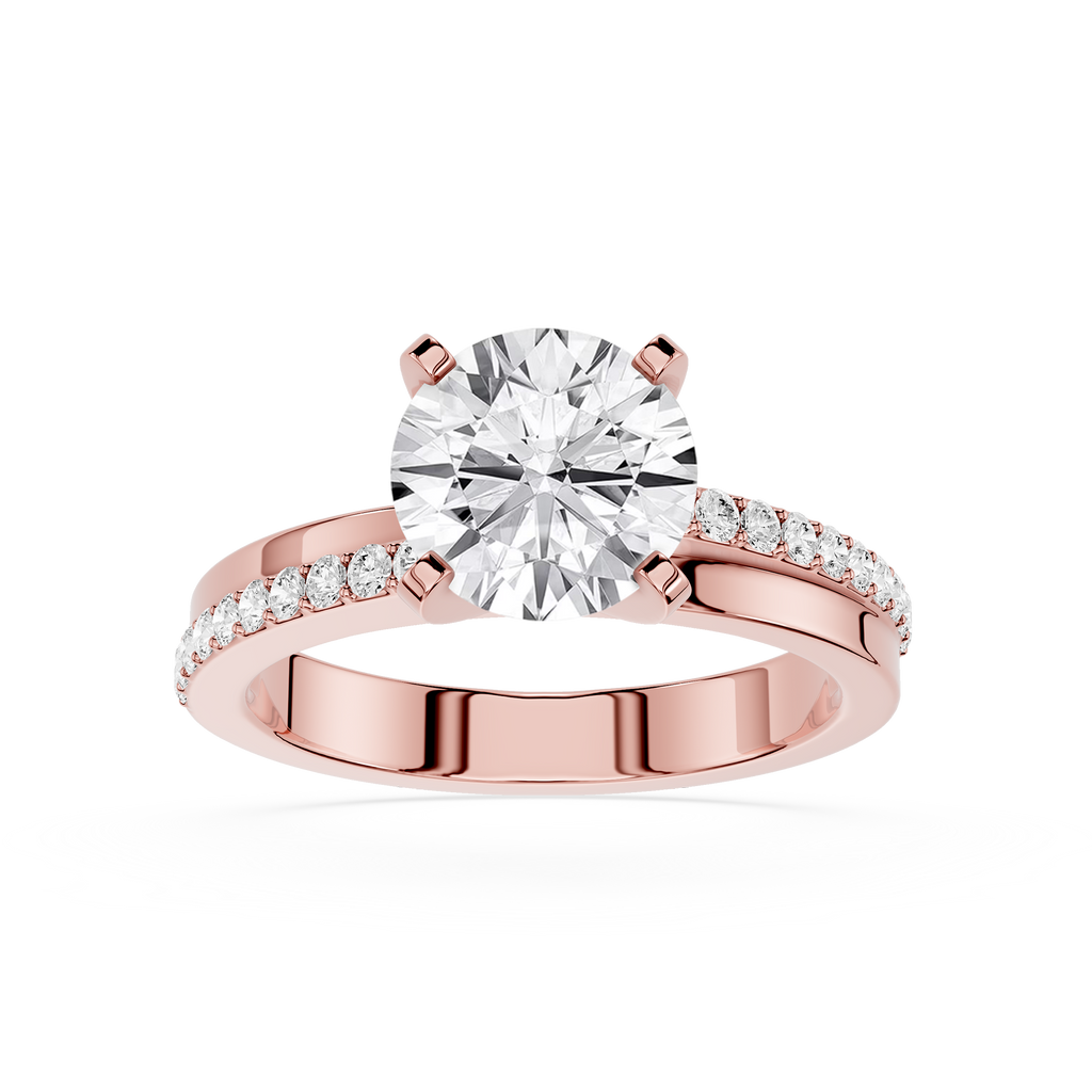 Rose gold ring with a large diamond and smaller diamonds on the band against a white background