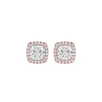 Pair of diamond stud earrings with rose gold accents on a white background