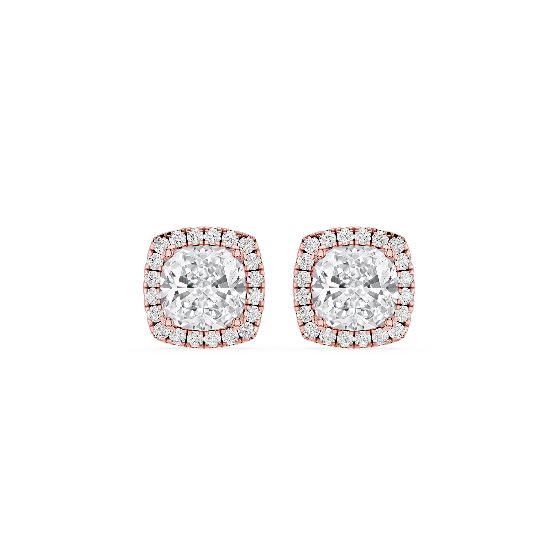 Pair of diamond stud earrings with rose gold accents on a white background