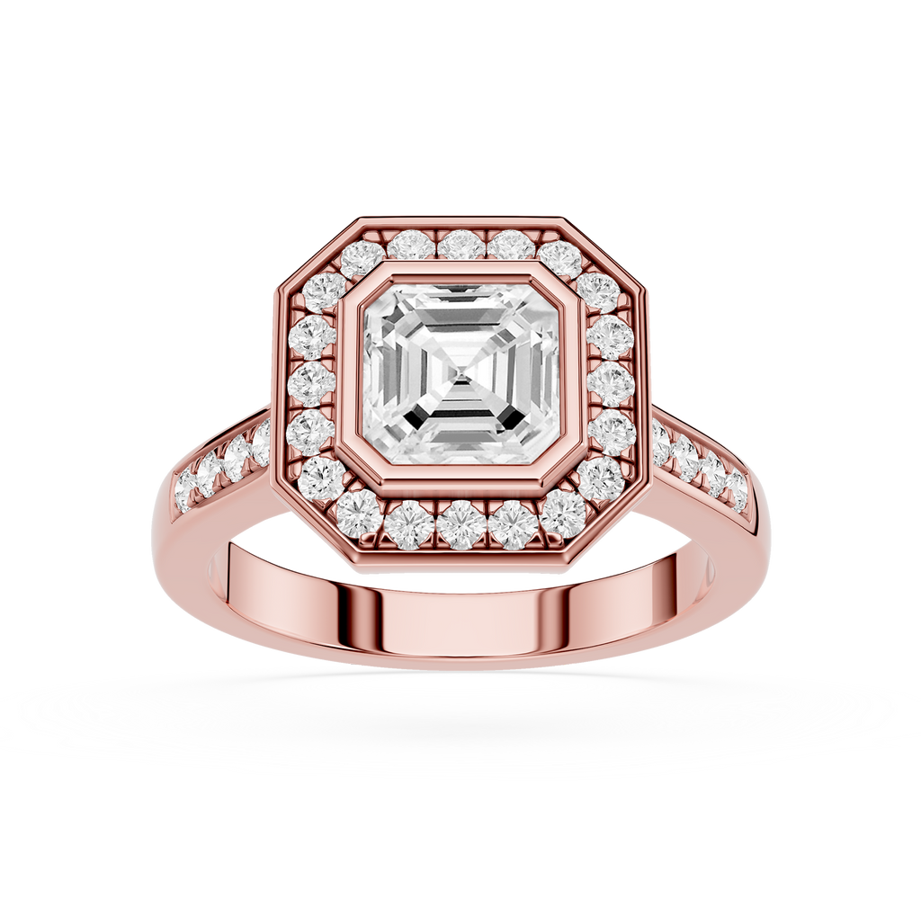 Rose gold ring with a large diamond and smaller diamonds on a white background