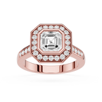 Rose gold ring with a large diamond and smaller diamonds on a white background