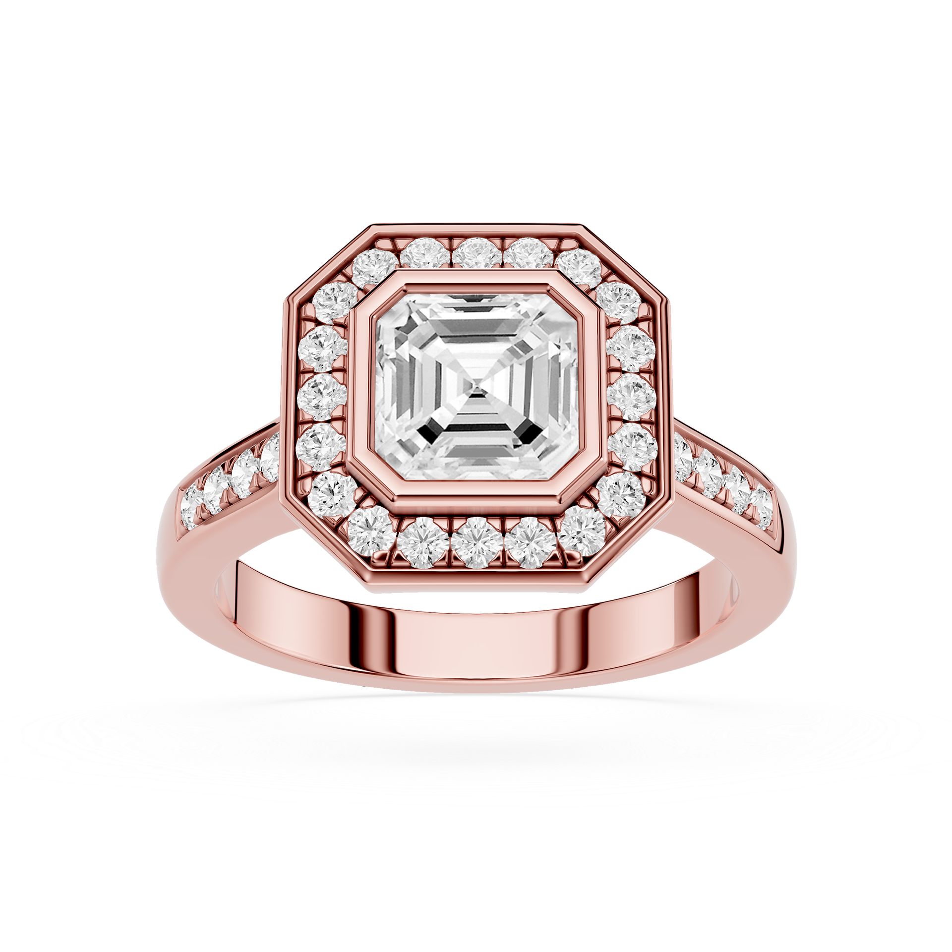 Rose gold ring with a large diamond and smaller diamonds on a white background