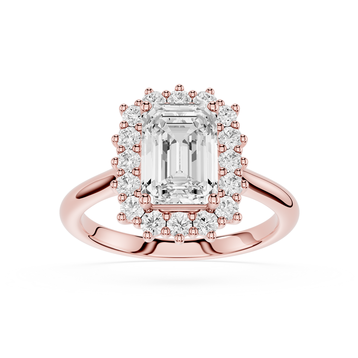 Rose Gold Emerald Cut Lab Grown Diamond Halo Ring with Round Brilliant Accent Diamonds