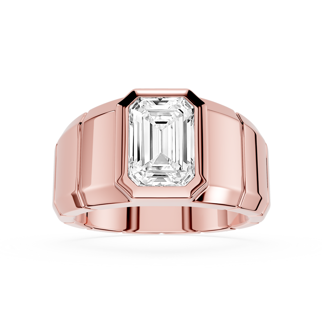 Rose gold ring with a large diamond on a white background