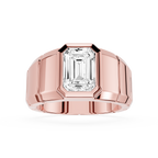 Rose gold ring with a large diamond on a white background