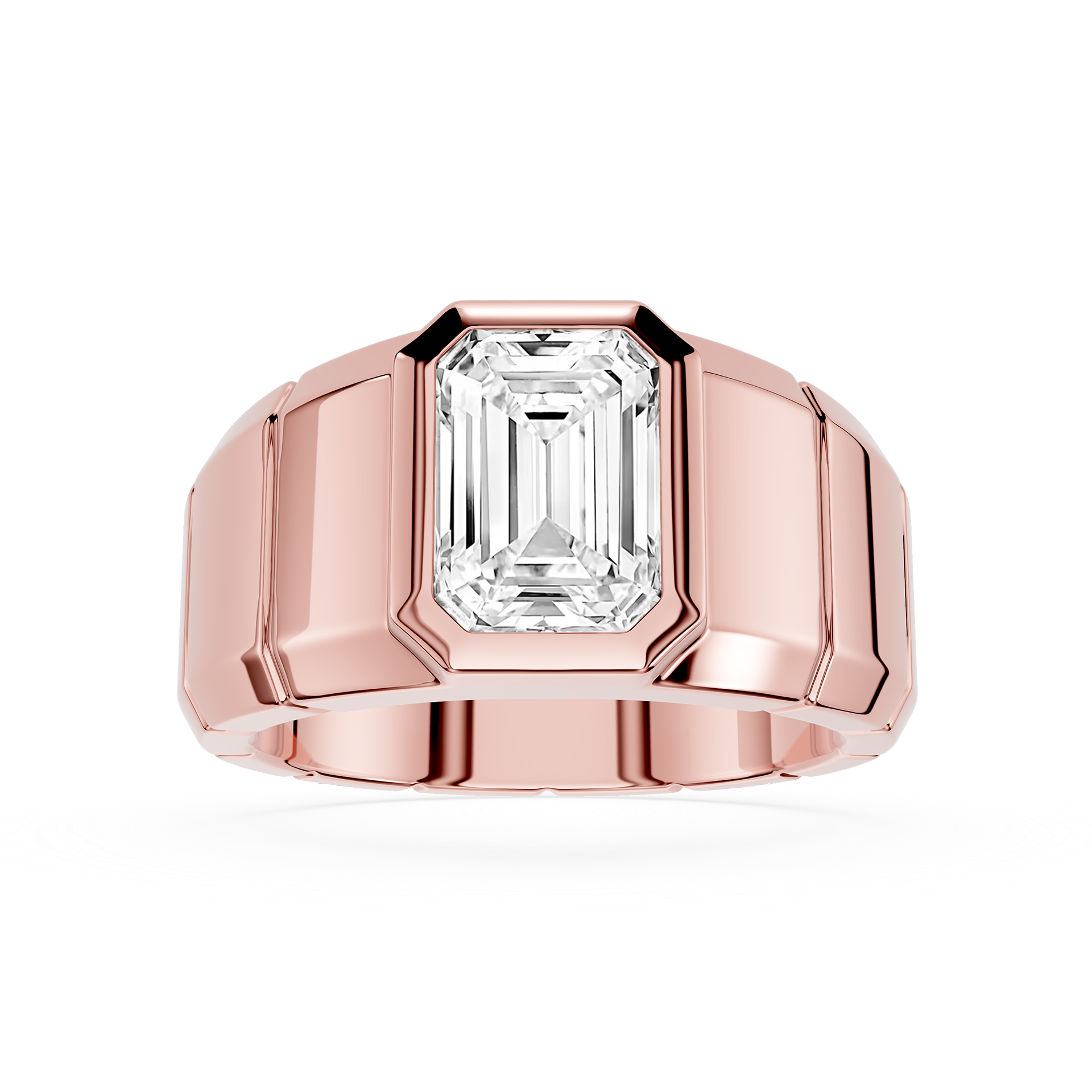 Rose gold ring with a large diamond on a white background
