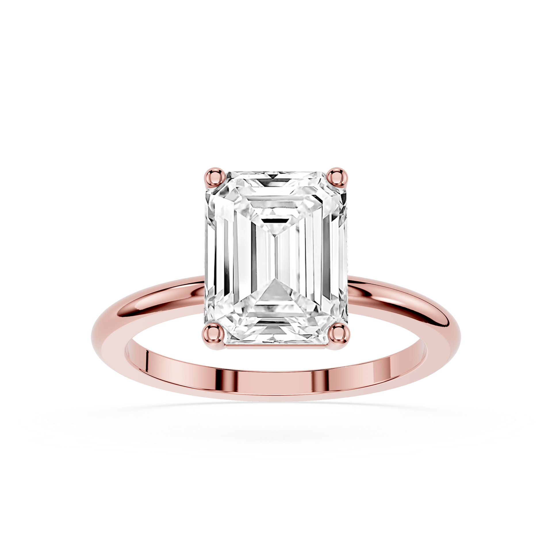 Rose gold ring with a large emerald-cut diamond on a white background