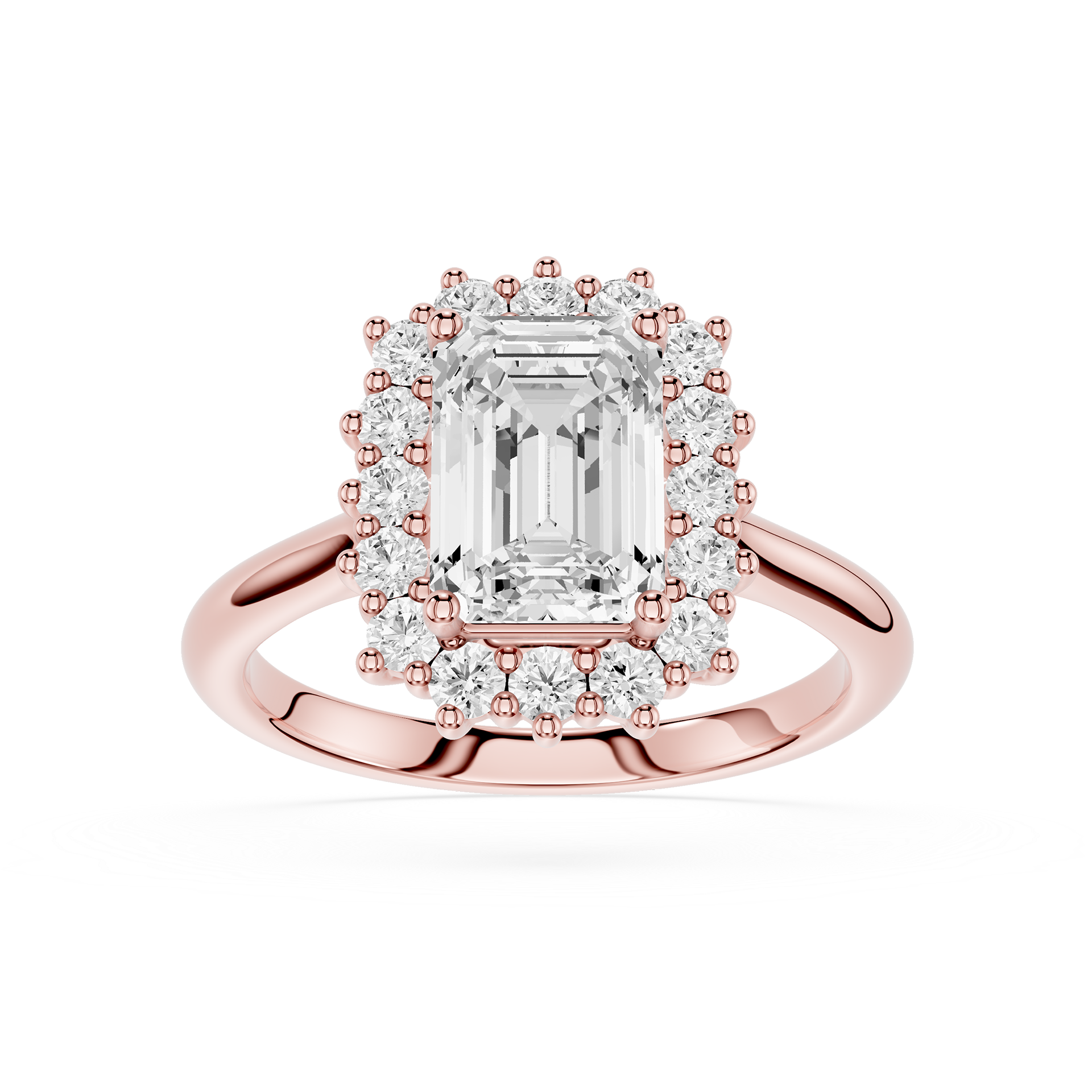 Rose gold halo ring featuring an emerald-cut center diamond surrounded by a double halo of smaller round and baguette-cut diamonds, set on a polished rose gold band against a white background.