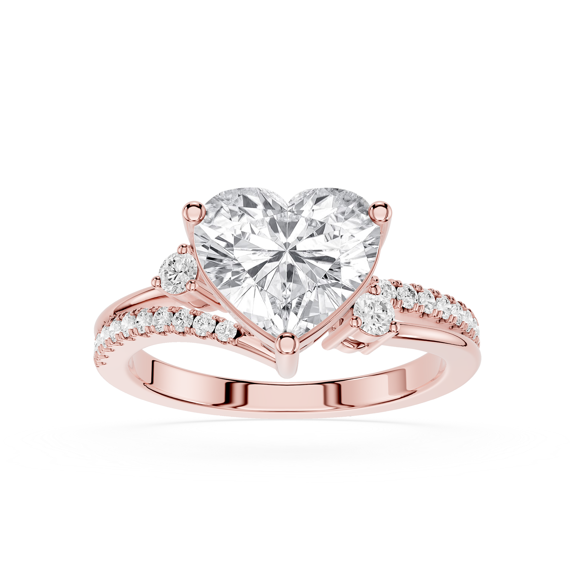 A rose gold engagement ring featuring a large heart-shaped clear gemstone in a prong setting, with a split band adorned with small pavé diamonds on a clean white background.