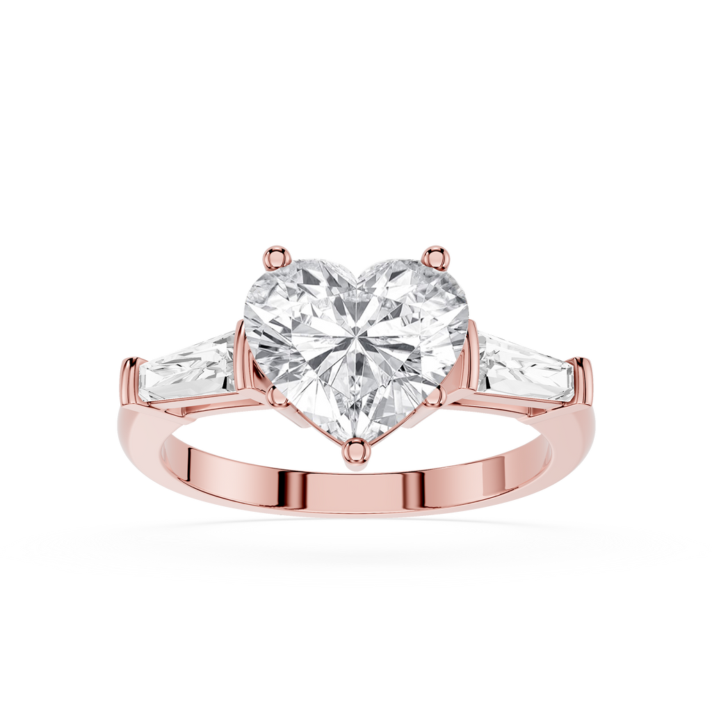 Rose gold ring with a heart-shaped diamond on a white background