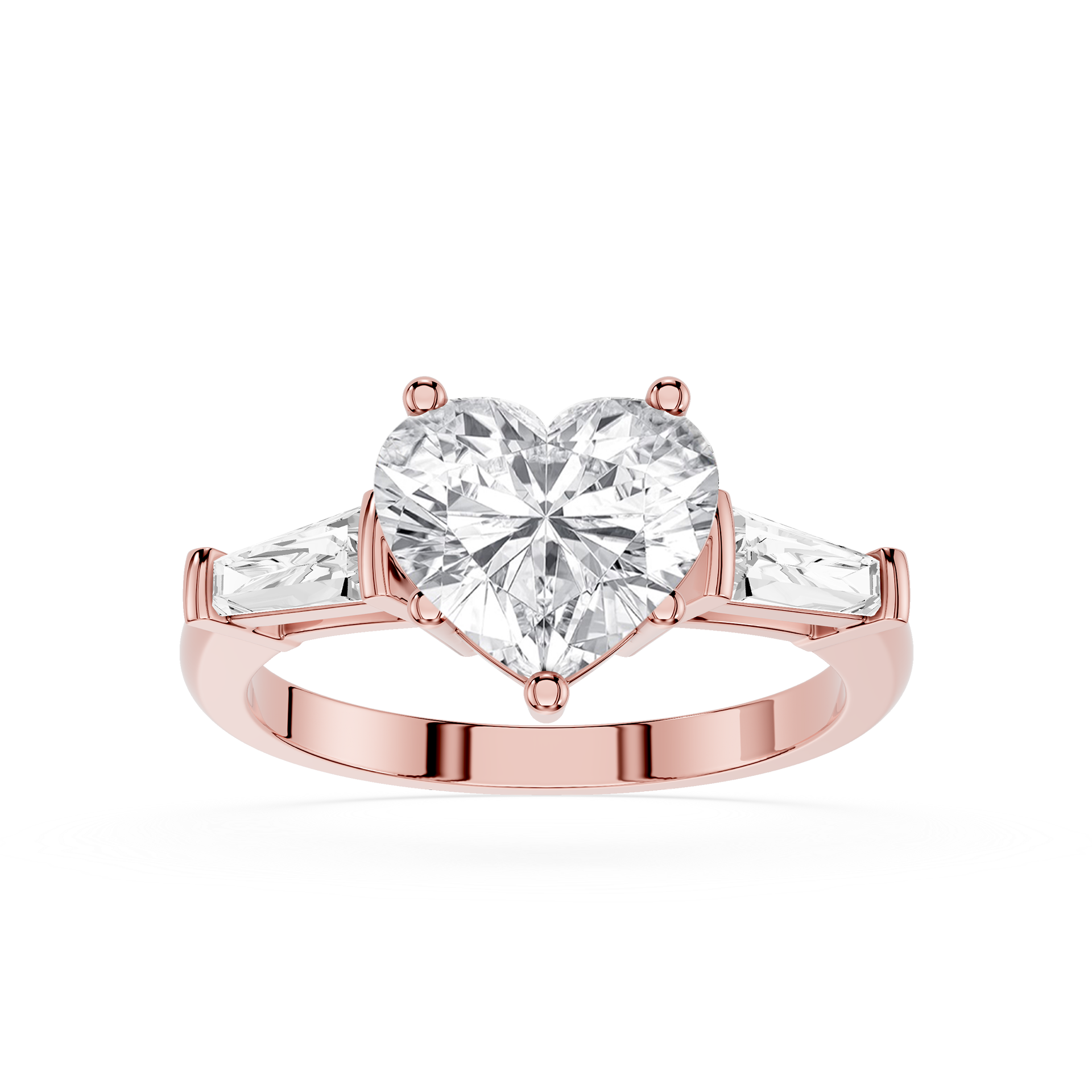 Rose gold ring with a heart-shaped diamond on a white background
