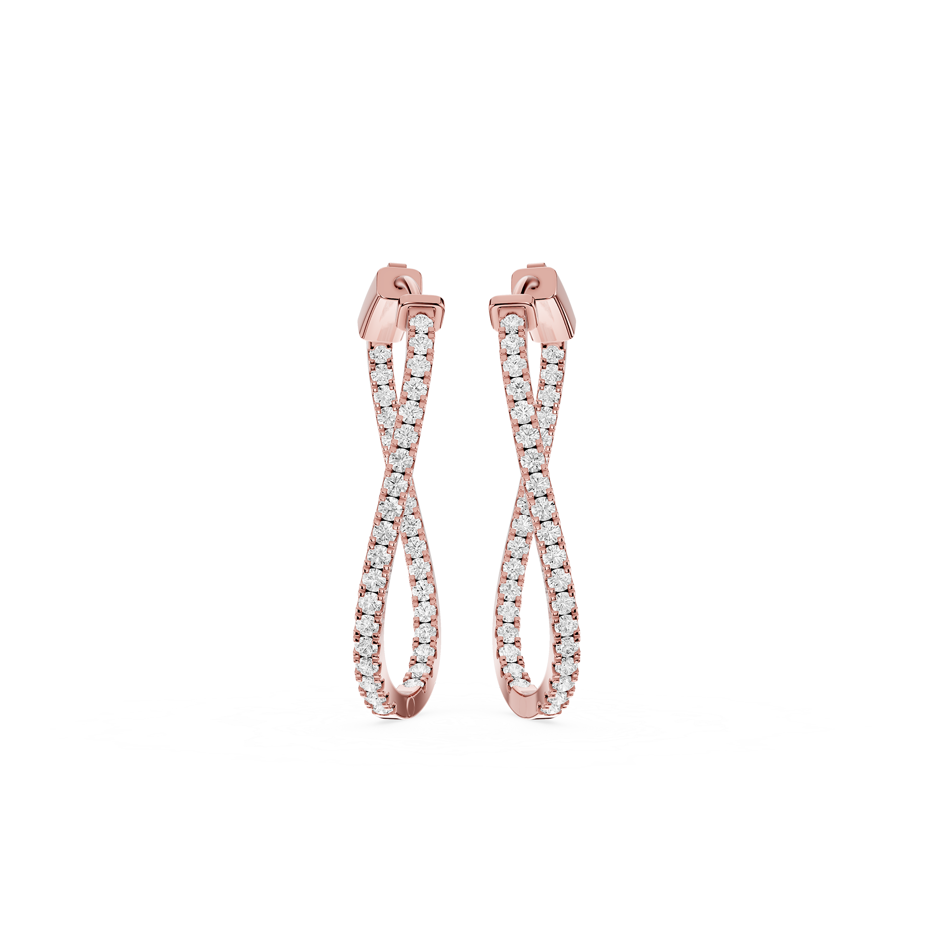 Rose gold earrings with clear gemstones on a white background