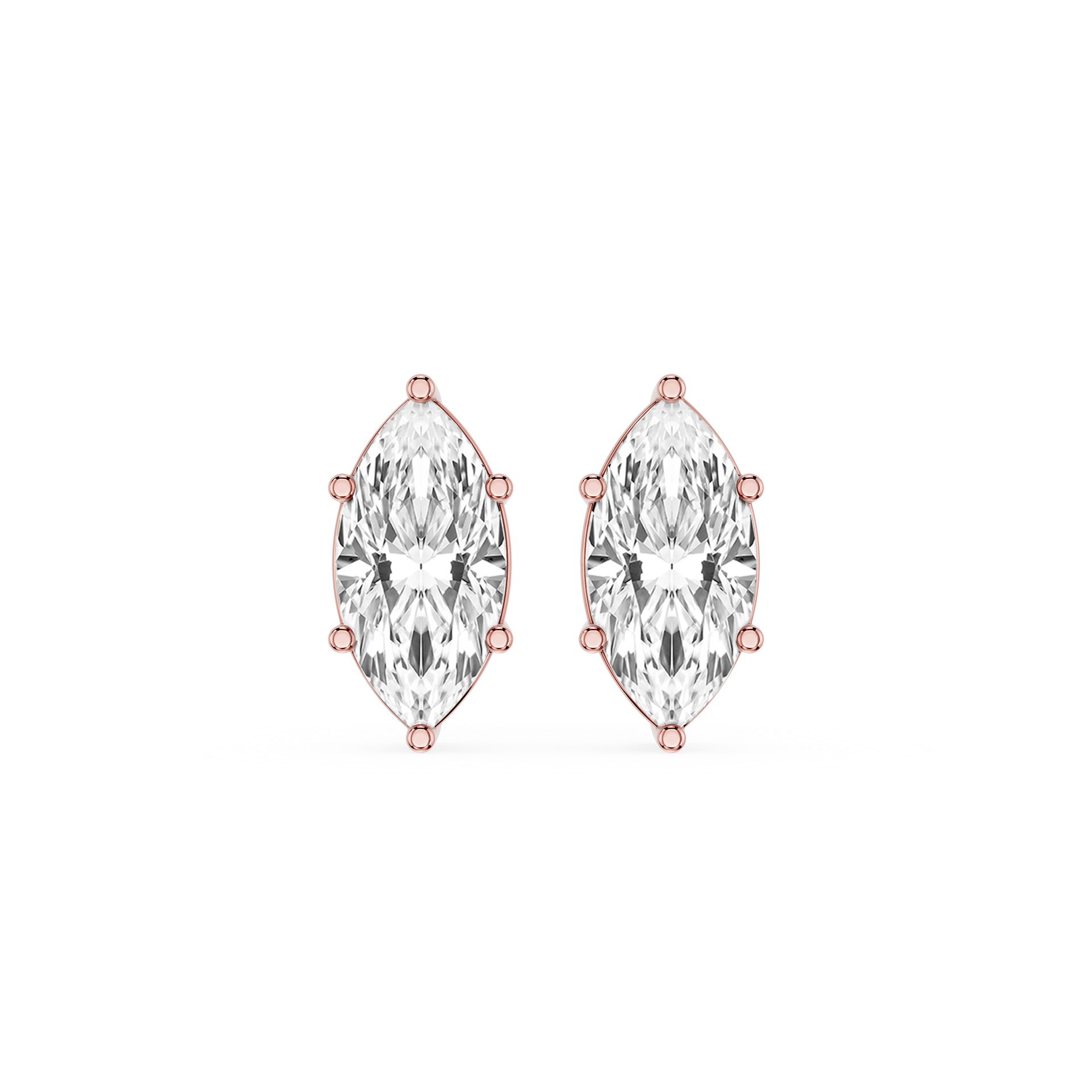 Pair of marquise-shaped diamond earrings with rose gold prongs on a white background