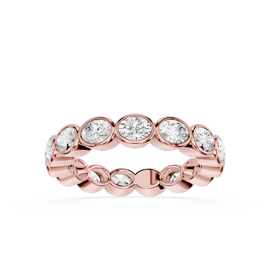 A Rose gold eternity ring featuring a row of round-cut clear gemstones in a bezel setting, shown against a plain white background.