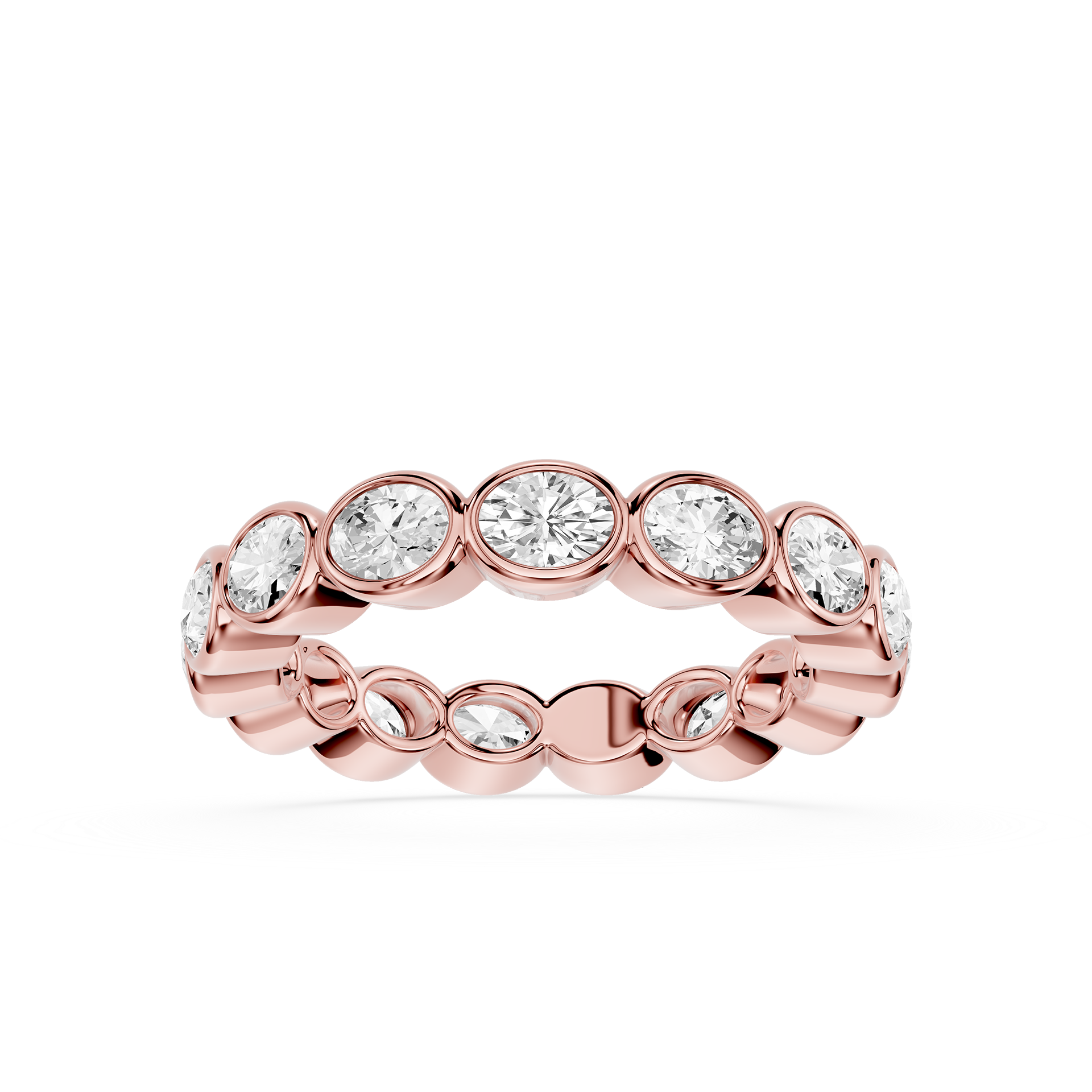 A Rose gold eternity ring featuring a row of round-cut clear gemstones in a bezel setting, shown against a plain white background.