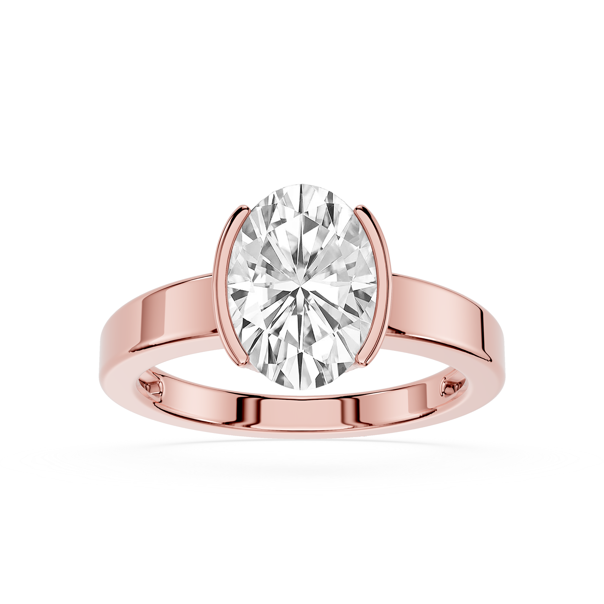 Rose gold ring with a large diamond on a white background