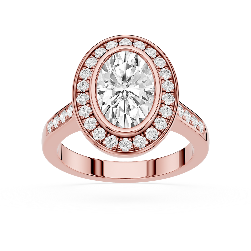 Rose gold ring with a large central diamond and smaller diamonds around on a white background