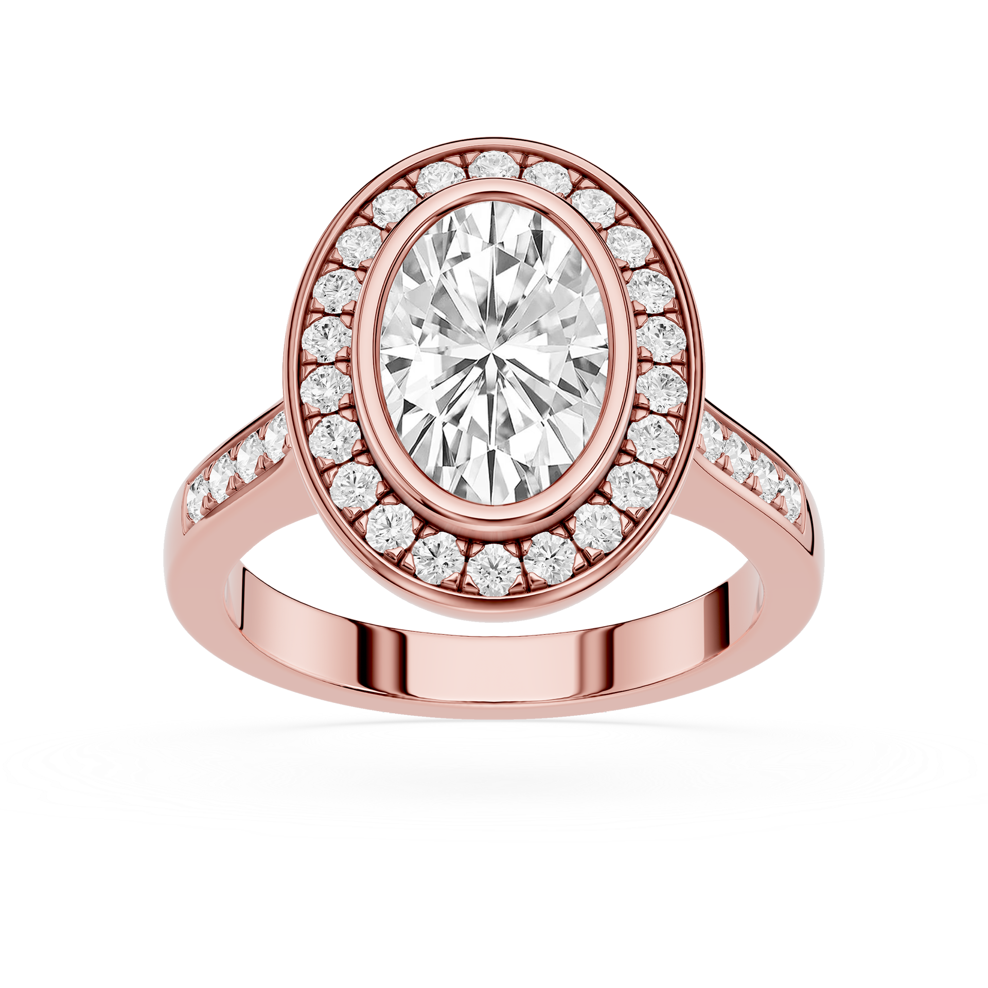 Rose gold ring with a large central diamond and smaller diamonds around on a white background