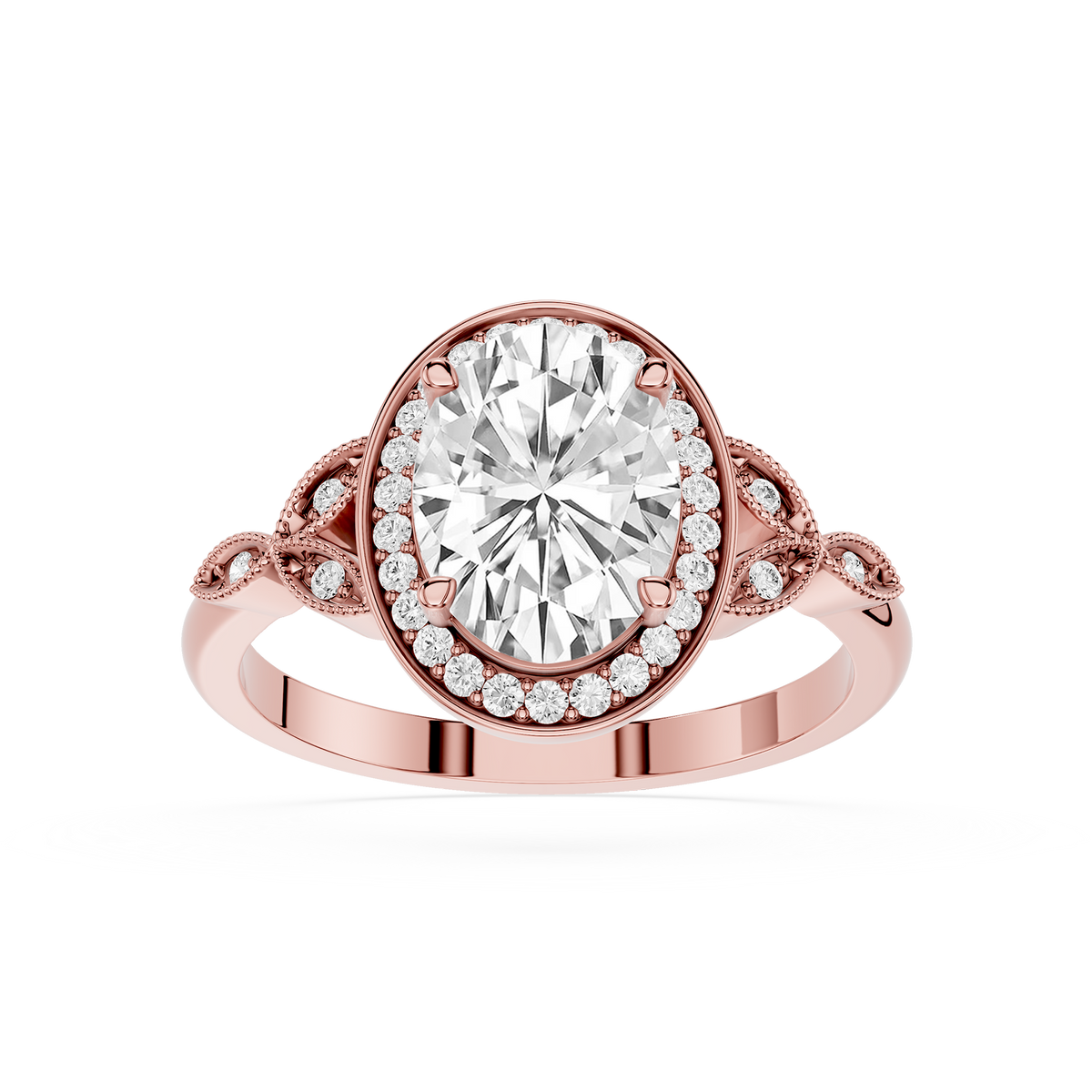 Rose Gold vintage oval cut lab diamond leaf halo engagement ring for her.