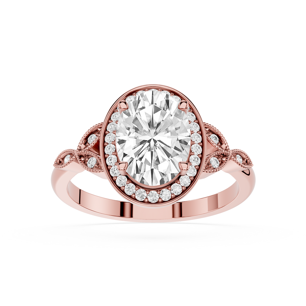 Rose gold ring with a large diamond and smaller diamonds on the band against a white background