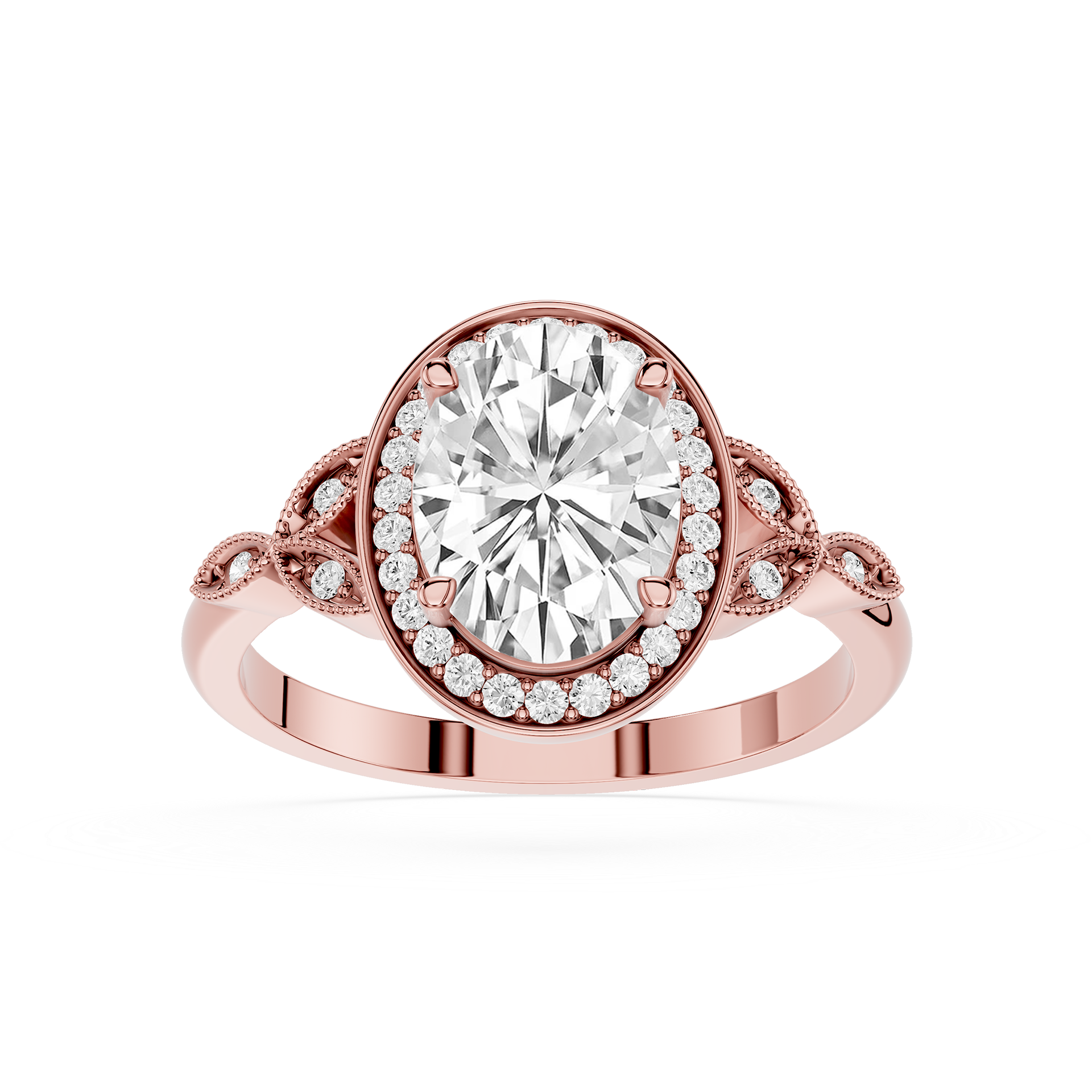 Rose gold ring with a large diamond and smaller diamonds on the band against a white background