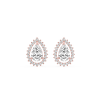Pair of pear-shaped diamond earrings with rose gold accents on a white background