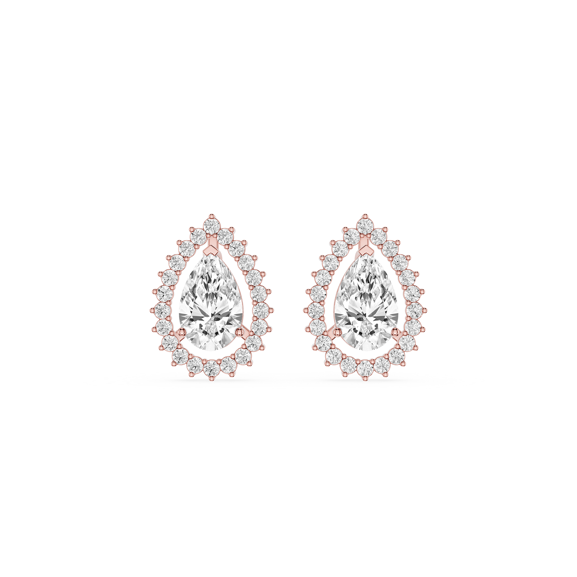 Pair of pear-shaped diamond earrings with rose gold accents on a white background