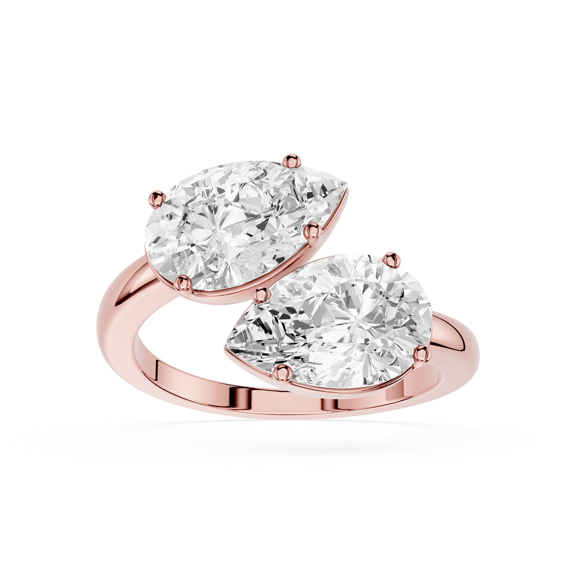 Rose gold ring with two pear-shaped diamonds on a white background