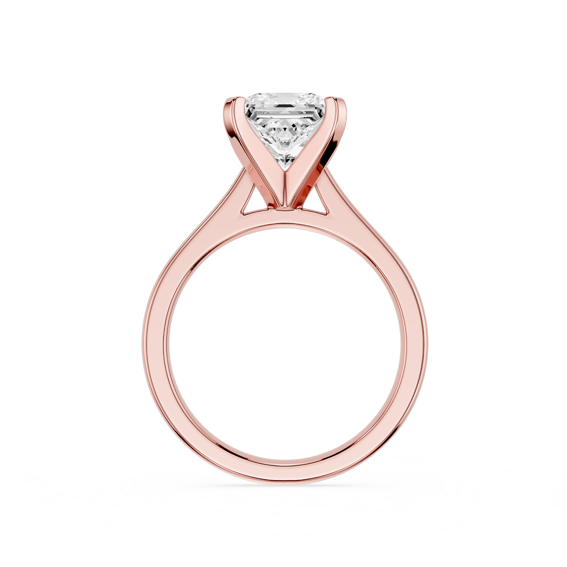 Rose gold ring with a diamond on a white background
