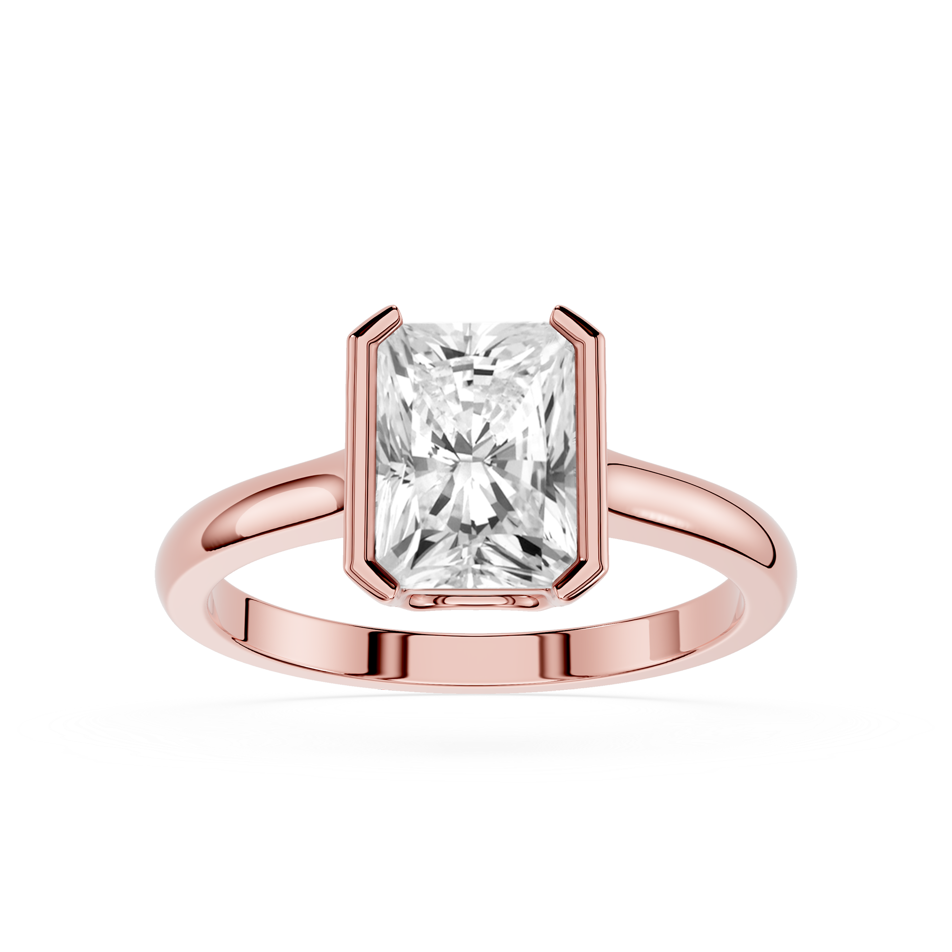 Rose gold ring with a large diamond on a white background
