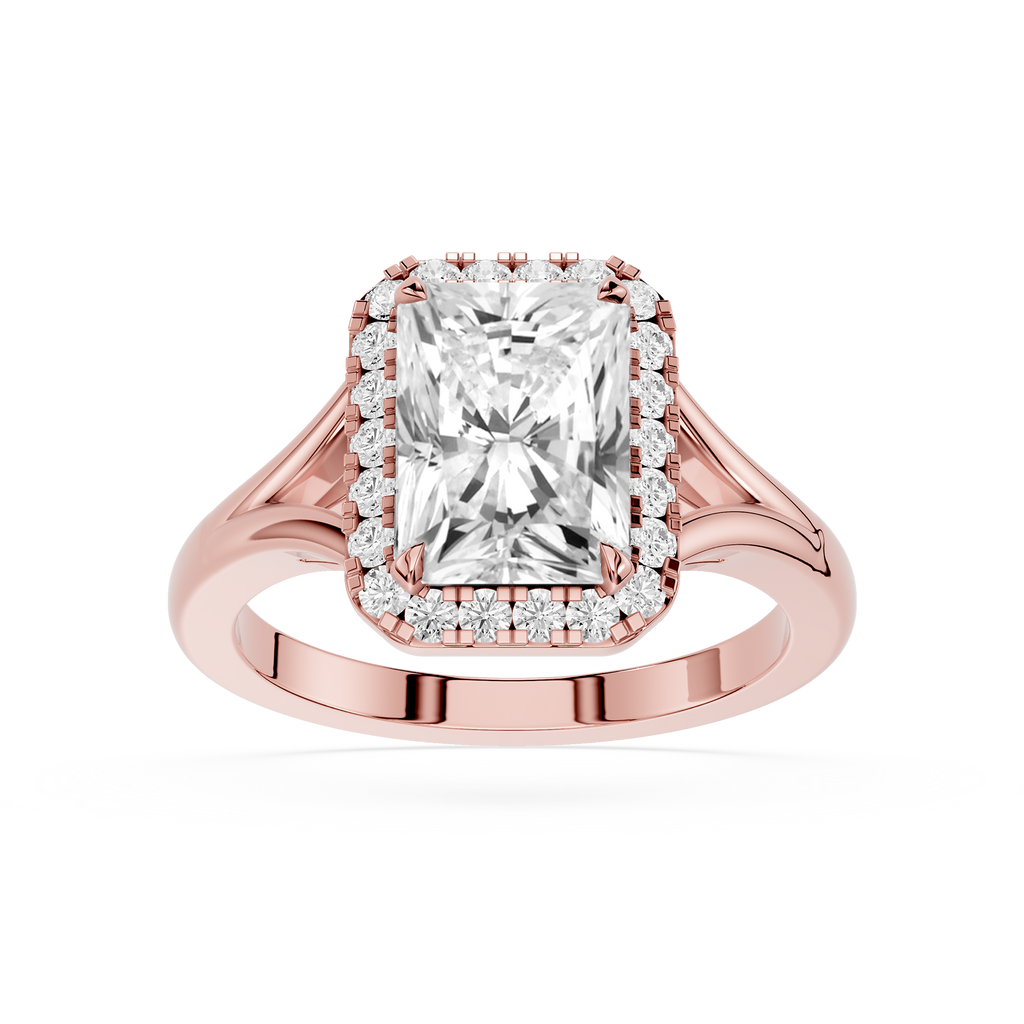 Rose gold ring with a large diamond and smaller diamonds around on a white background
