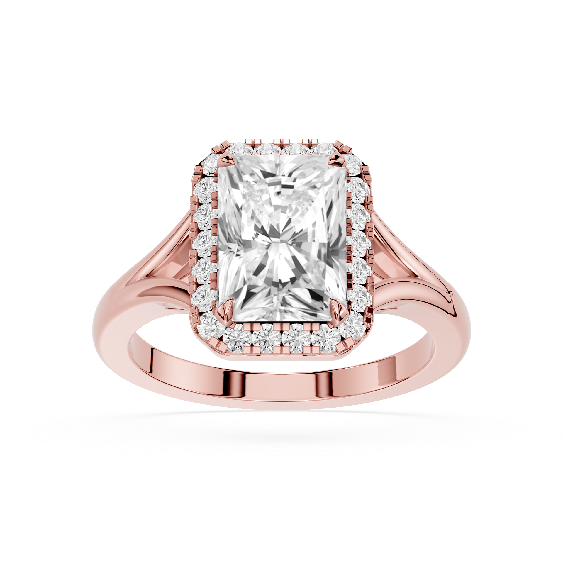Rose gold ring with a large diamond and smaller diamonds around on a white background