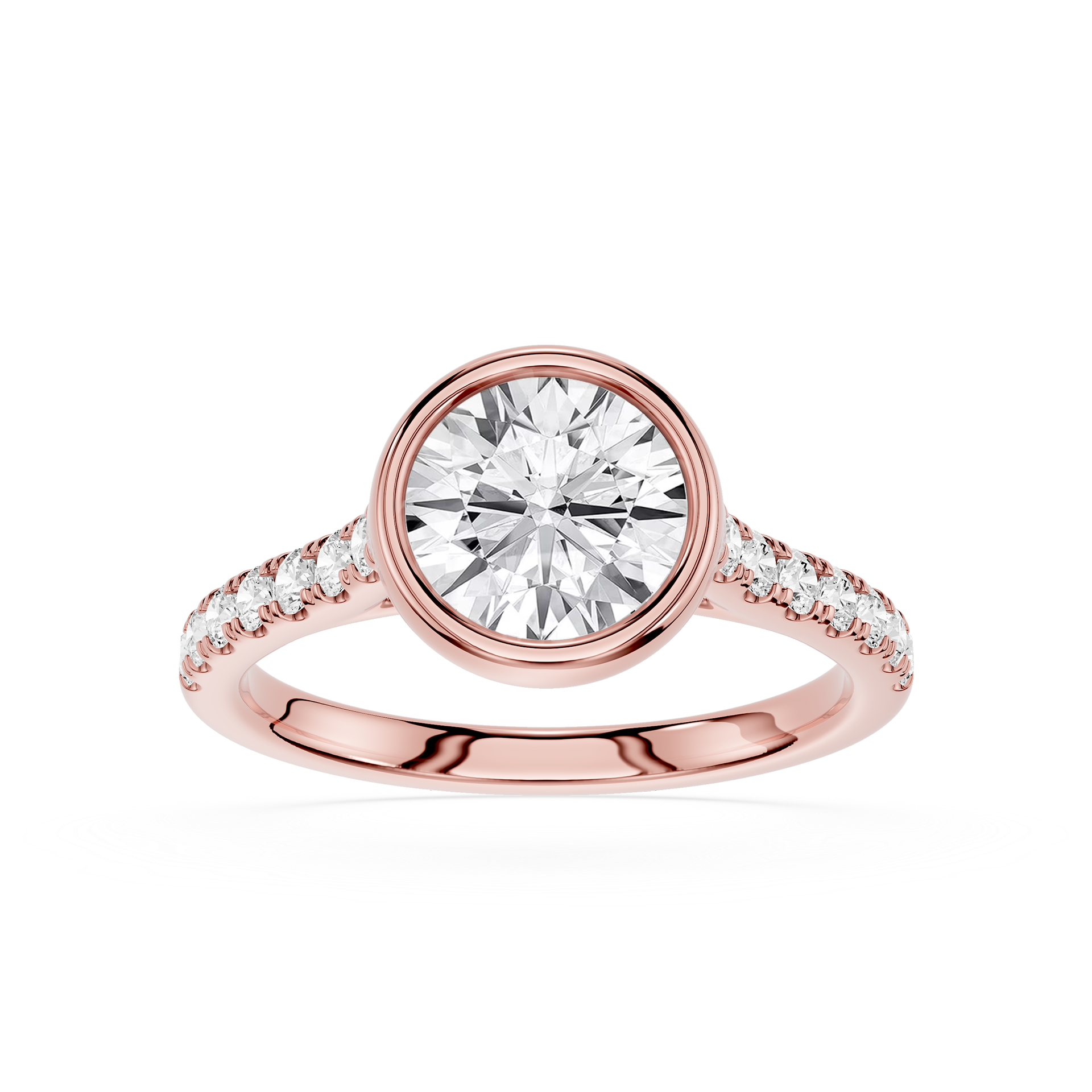 A rose gold engagement ring featuring a round brilliant-cut center stone in a bezel setting, with a pavé band accented by small round stones, shown on a clean white background.