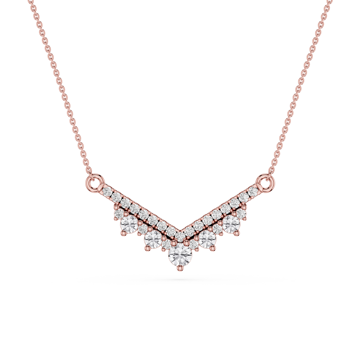 Rose gold necklace with diamond pendant on a white background