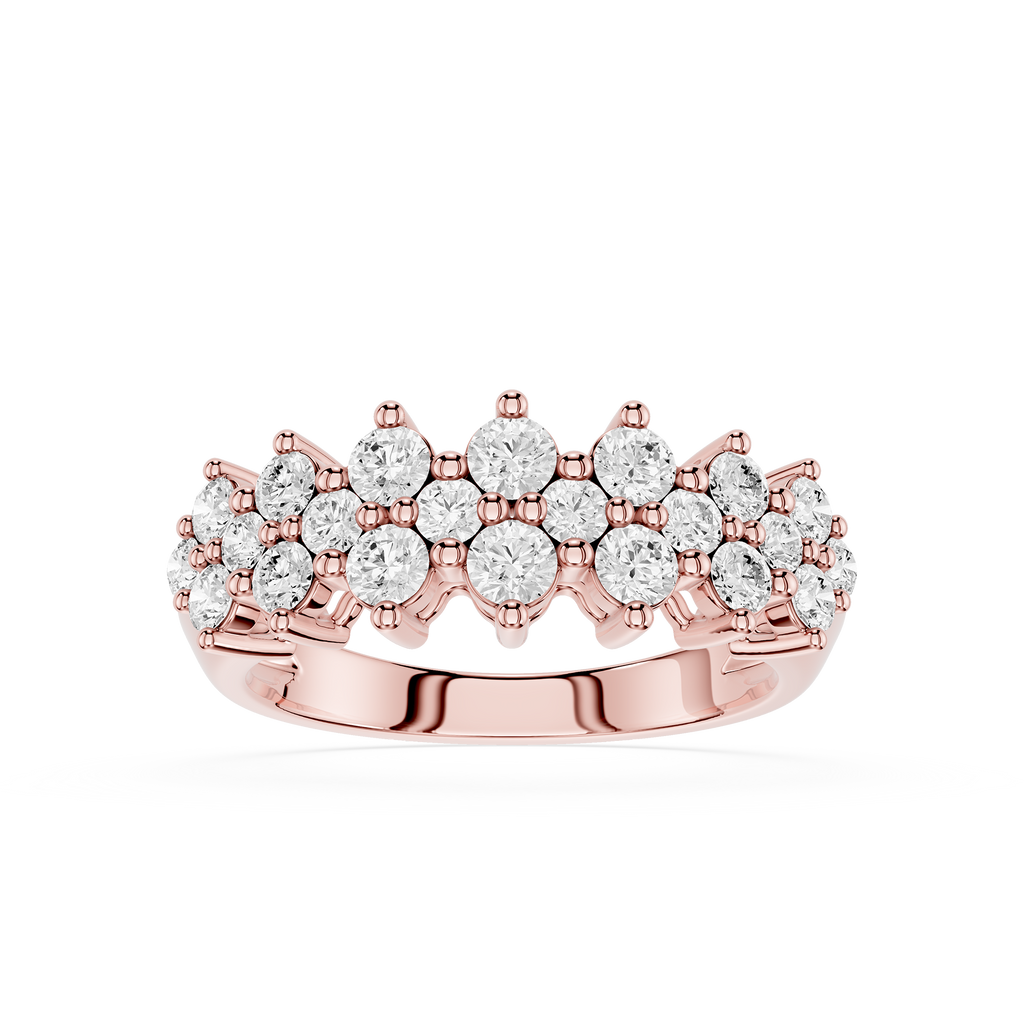 A Rose gold ring featuring a double row of round-cut clear gemstones in a prong setting, displayed on a clean white background.
