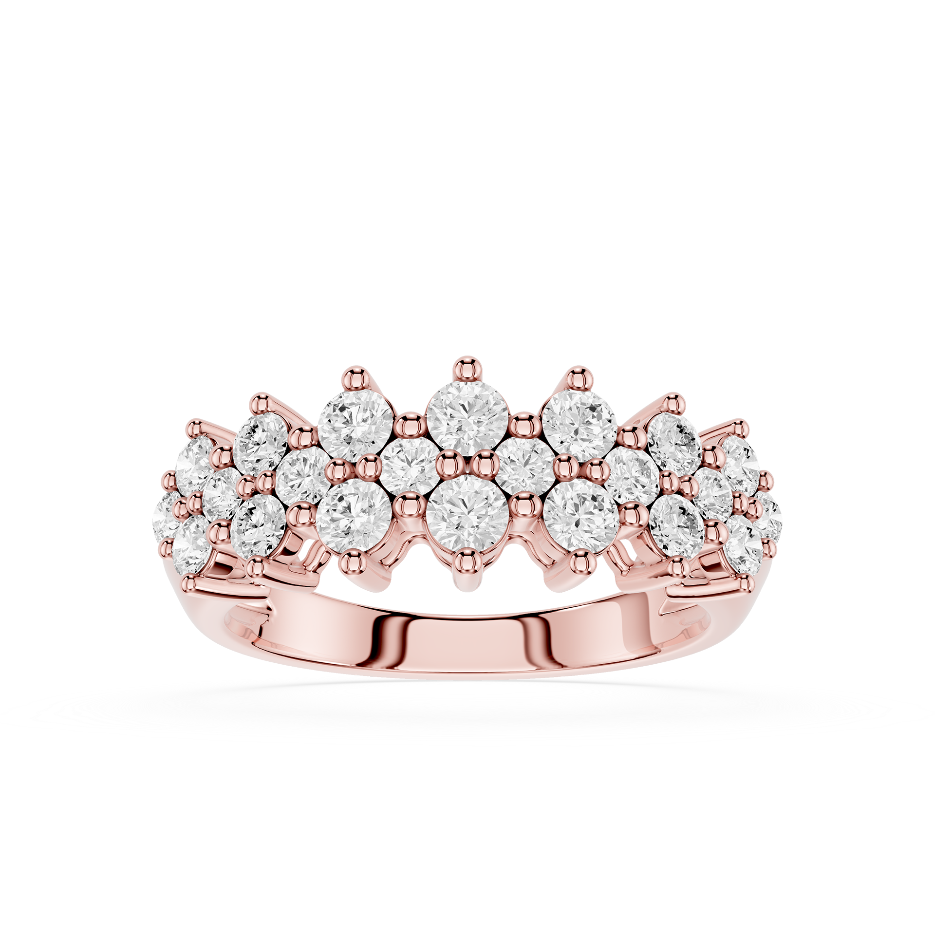 A Rose gold ring featuring a double row of round-cut clear gemstones in a prong setting, displayed on a clean white background.