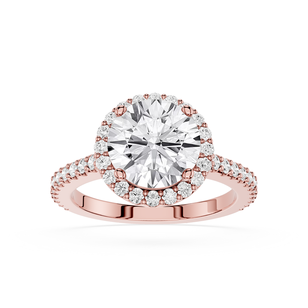 Rose gold ring with a large diamond and smaller diamonds on the band against a white background