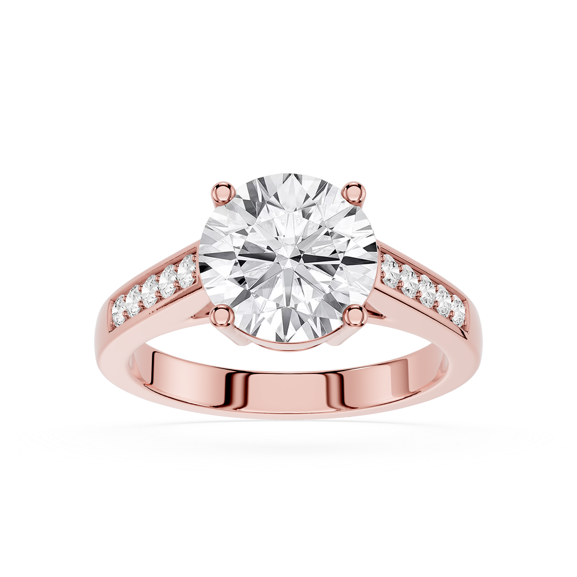 A rose gold engagement ring featuring a round-cut diamond center stone and small pavé diamonds along the split shank, set against a plain white background.