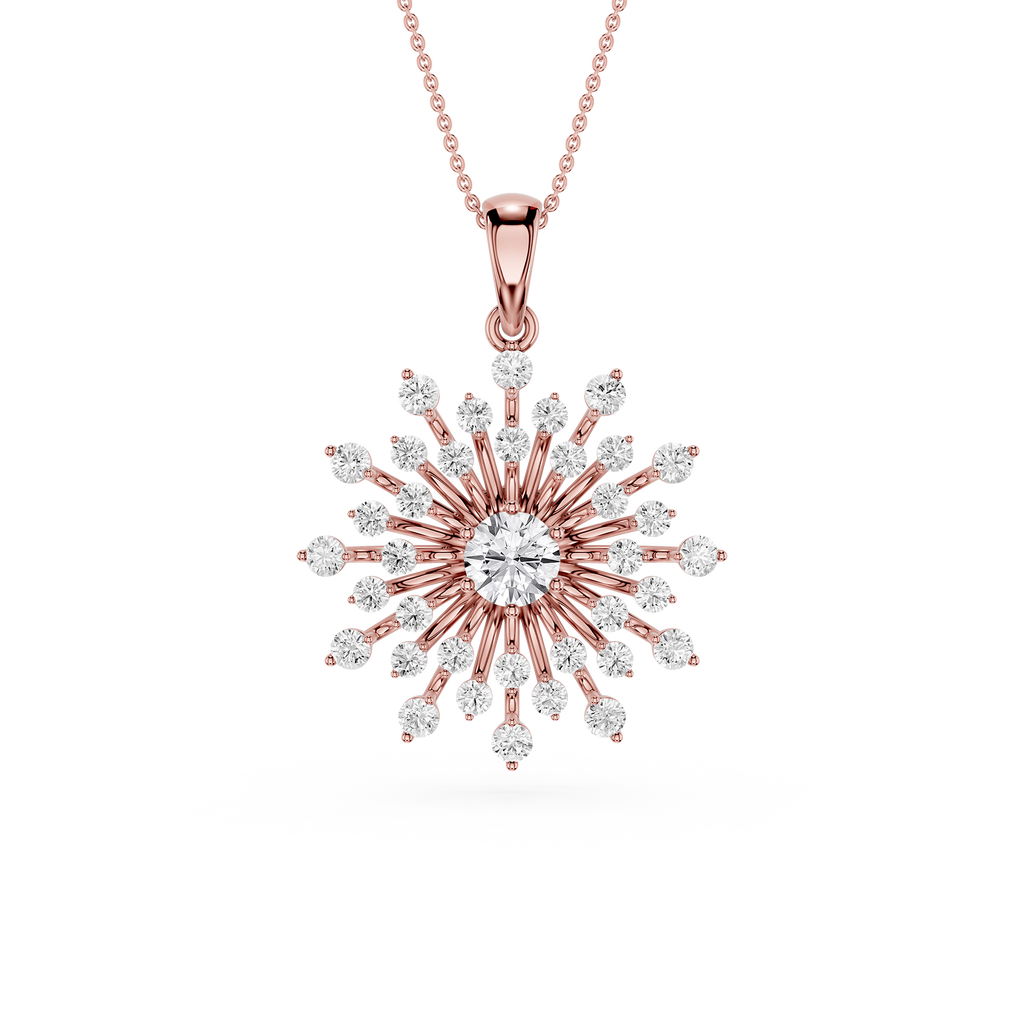 Rose gold and diamond snowflake pendant on a white background