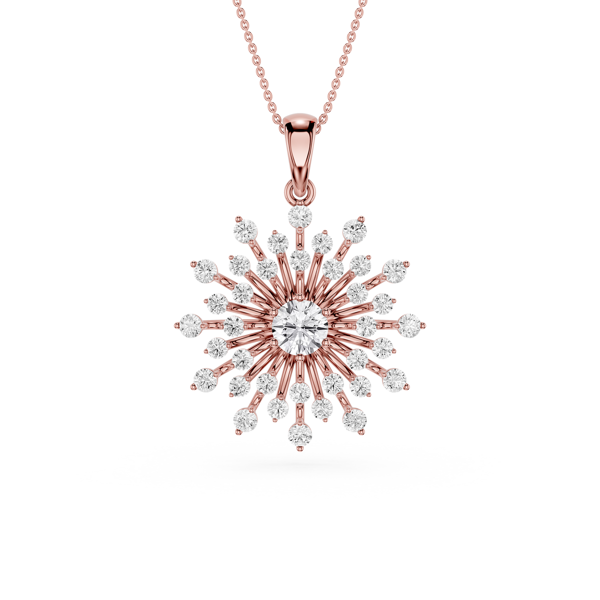 Rose gold and diamond snowflake pendant on a white background